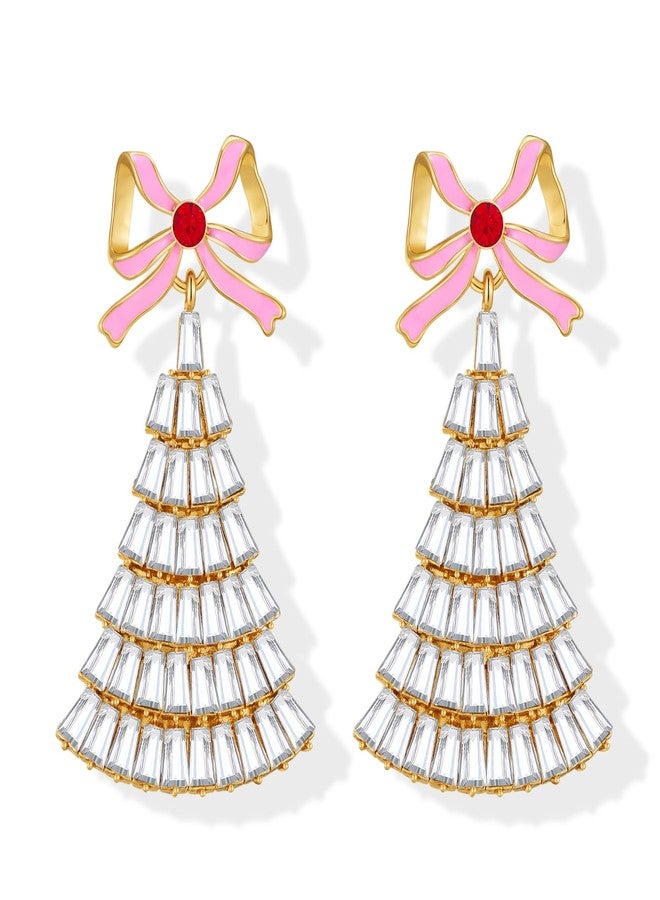 FAUTHENTICUTE Christmas Tree Earrings for Women Pink Enamel Bow Stud With A Clear Rhinestone Tree Dangle Holiday Statement Earrings Cute Christmas Jewelry - Image 1